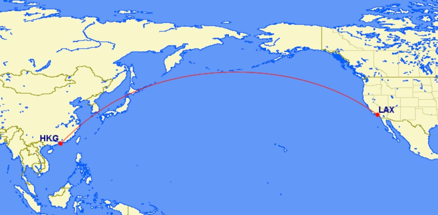 A map showing the route from Los Angeles to Hong Kong (HKG)