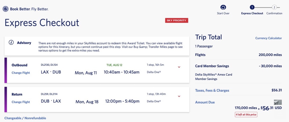 Delta One to Europe with low taxes and fees. 