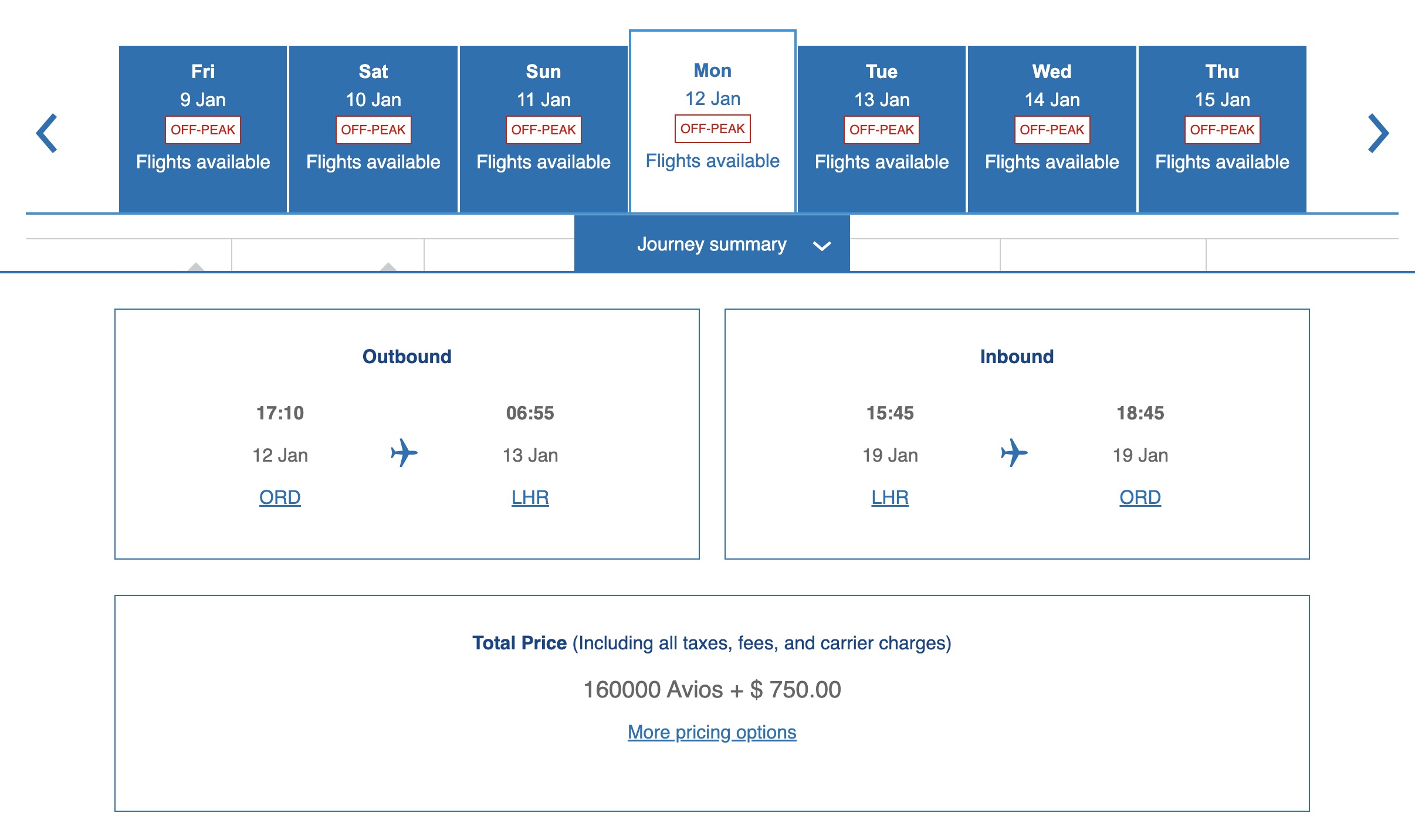 British Airways business class taxes and fees off-peak