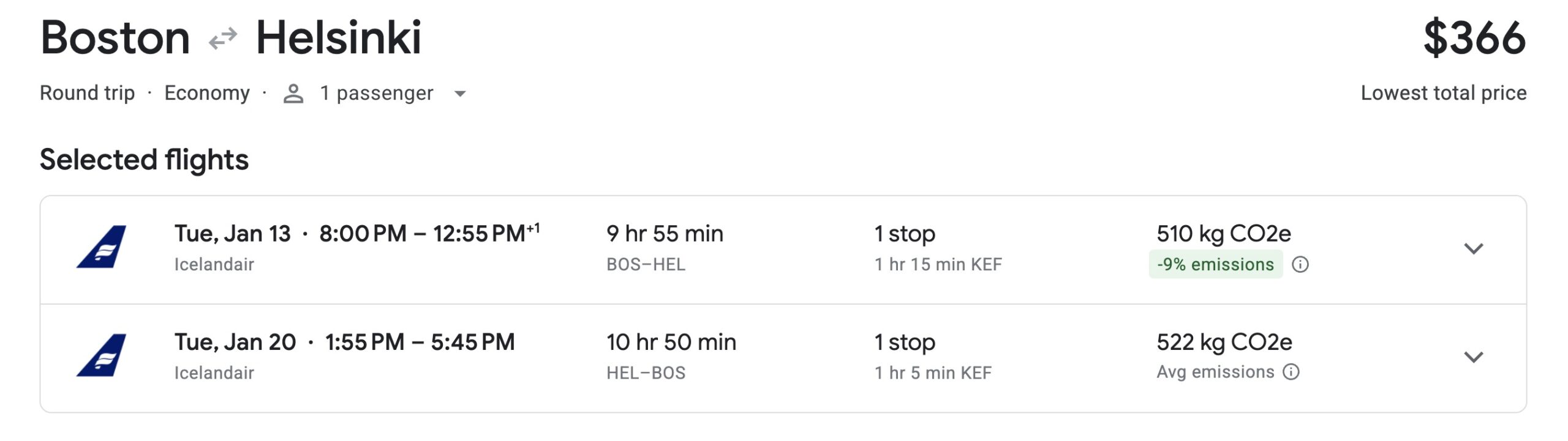Icelandair economy airfare from BOS to HEL
