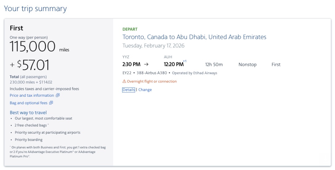 Etihad First CLass bookable with AA miles