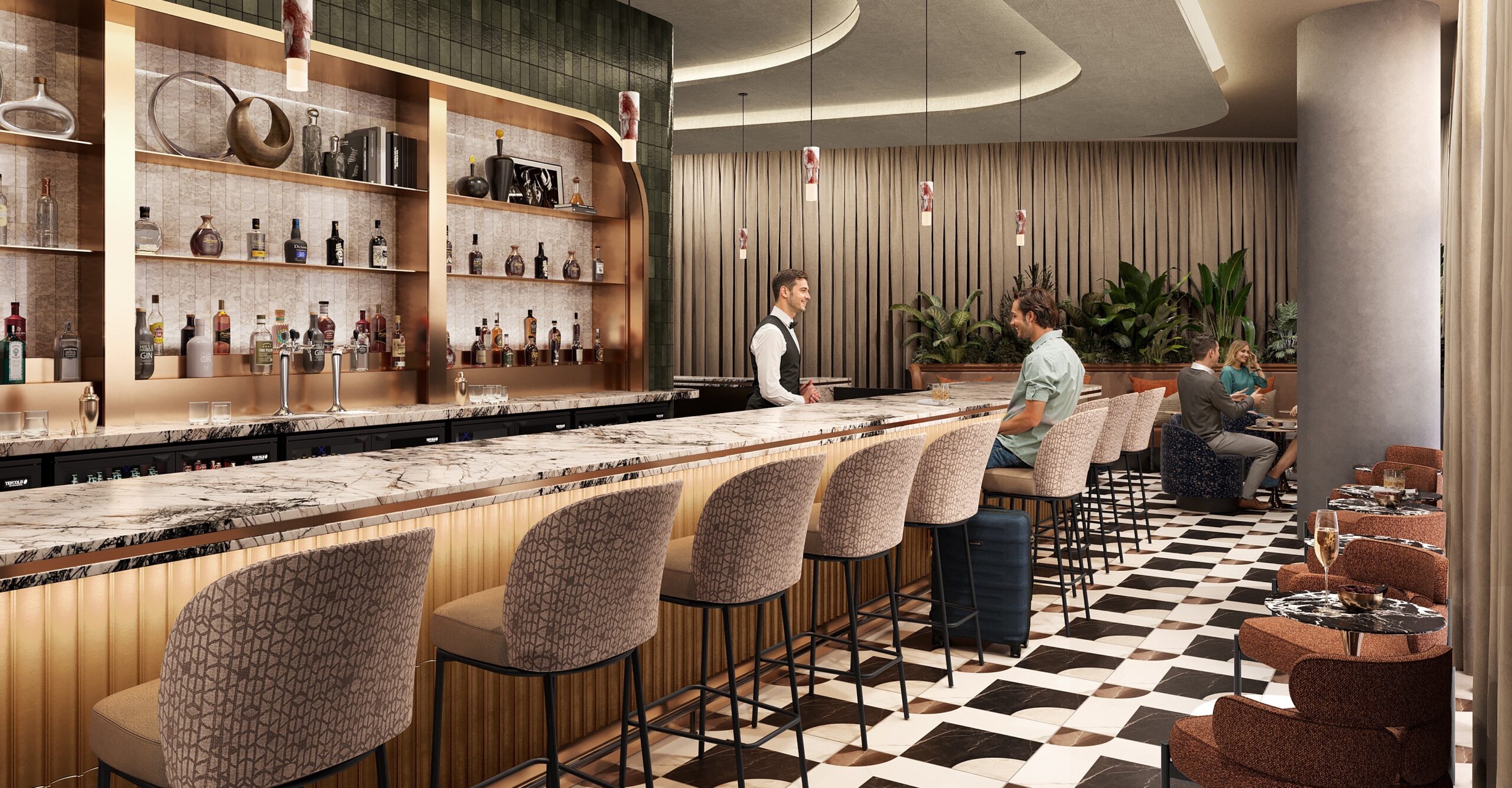 A rendering of the bar area in the new Sidecar by Centurion Lounge with bar stools and small tables. 