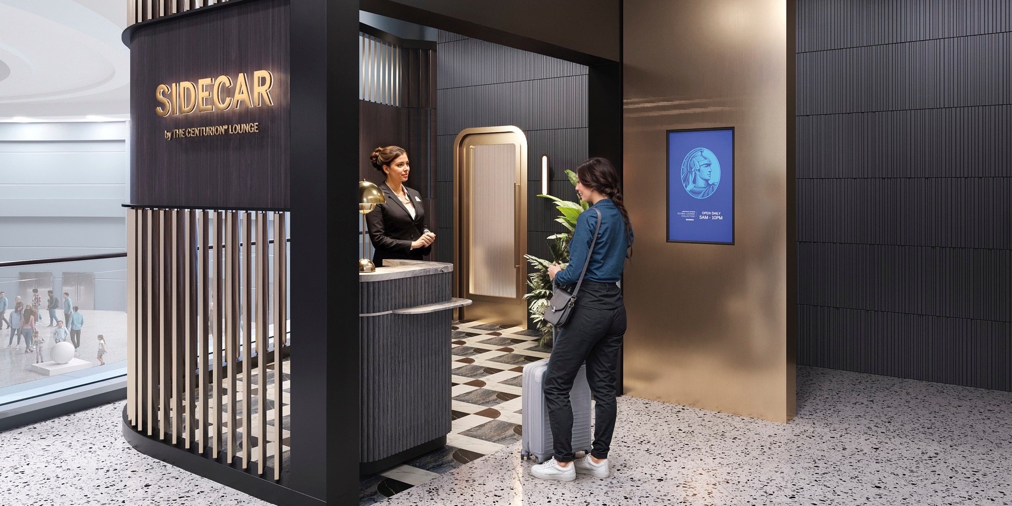 A rendering of a woman checking in to the Sidecar by Centurion Lounge.