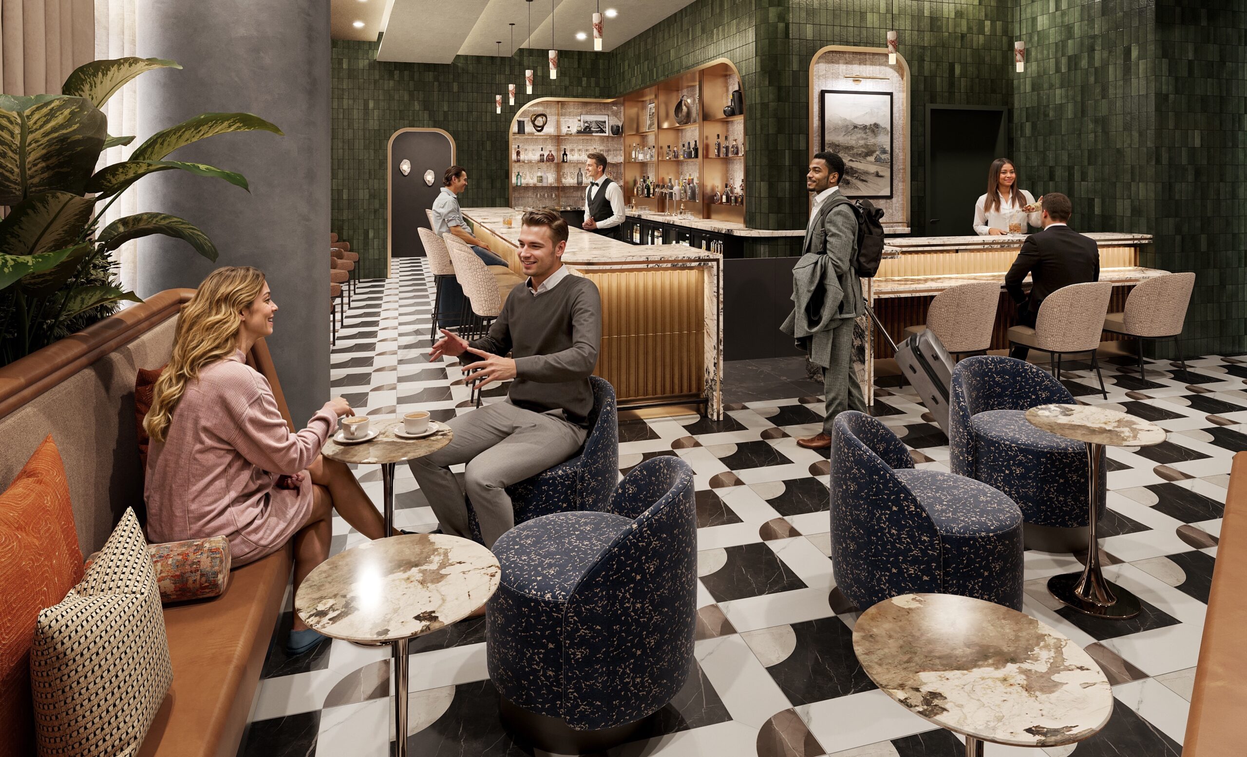 A rendering of Amex's Sidecar by The Centurion Lounge with small tables and a bar. 
