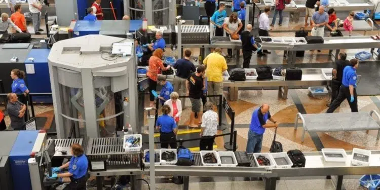 TSA security lines and bins