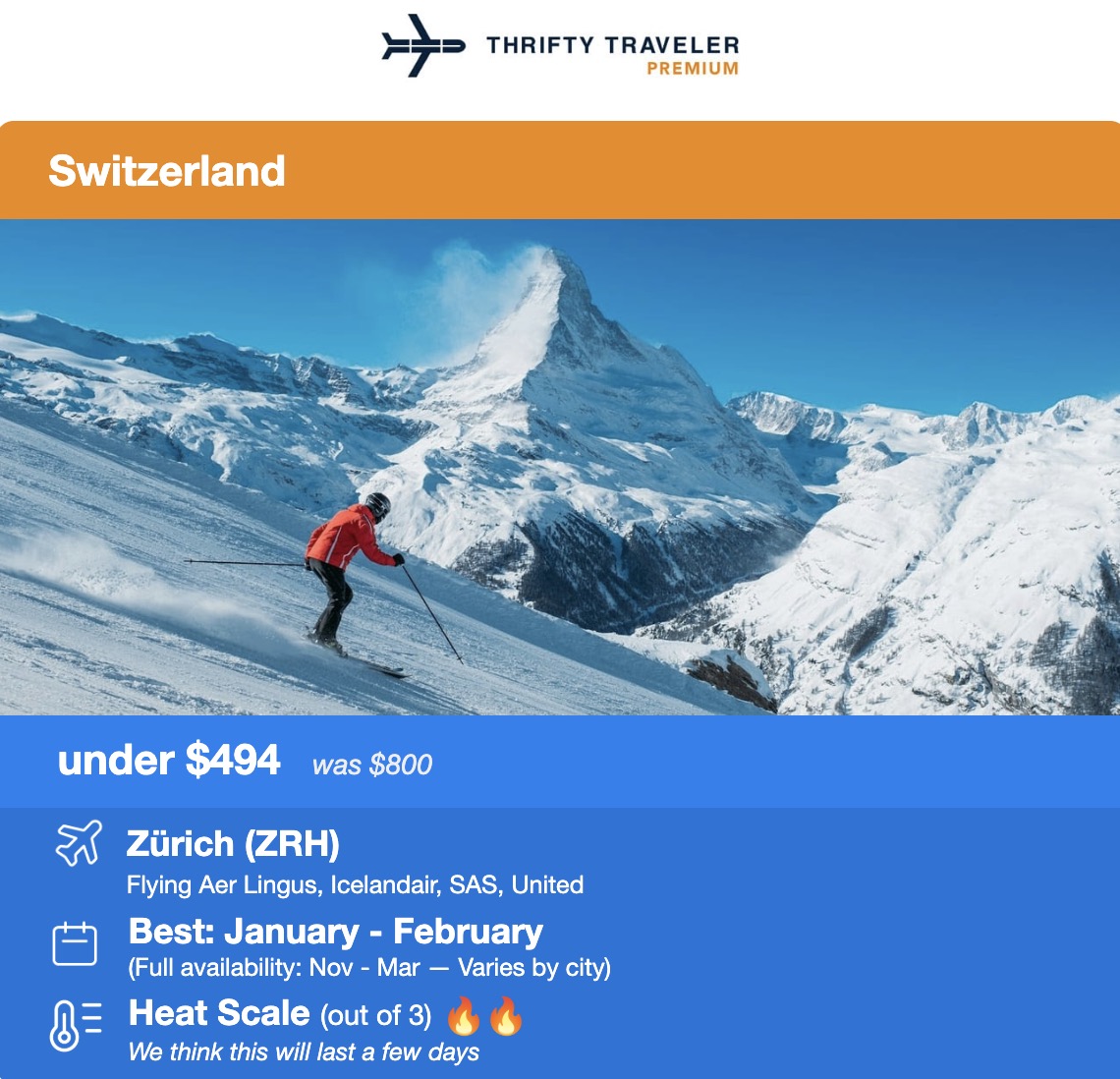 Zurich flight deal to the Alps during ski season under $494 roundtrip