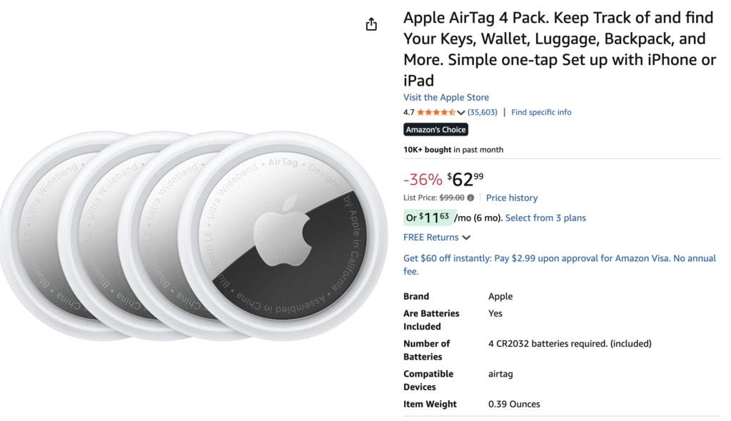 Apple airtags at amazon showing the $62.99 price