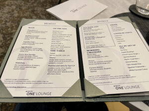 breakfast menu at the Delta One Lounge LAX