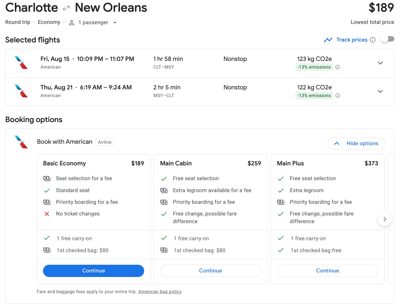 american airlines fare from charlotte to new orleans 