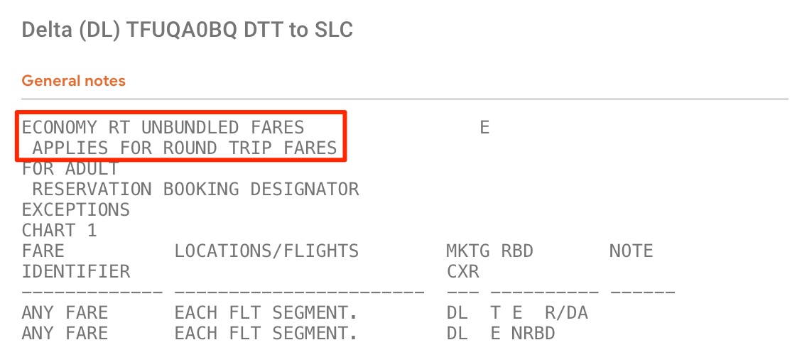 delta fare rules showing roundtrip requirements