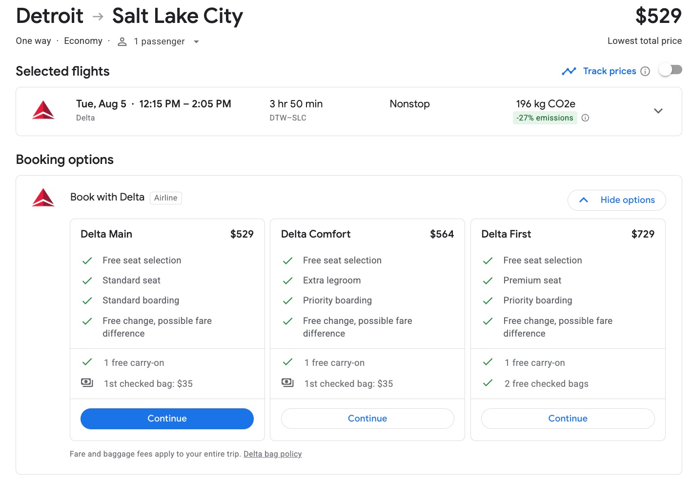 delta flight from detroit to salt lake city for $529