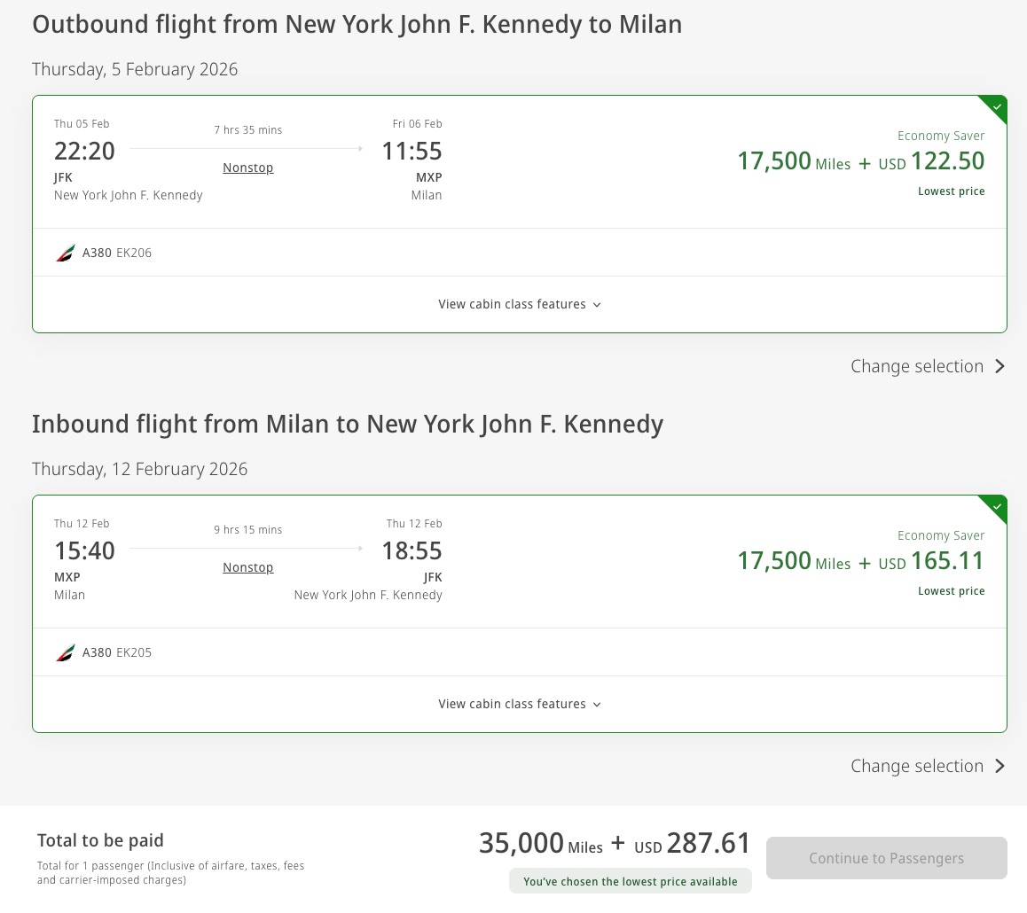 emirates jfk to milan in economy 35,000 miles and $287