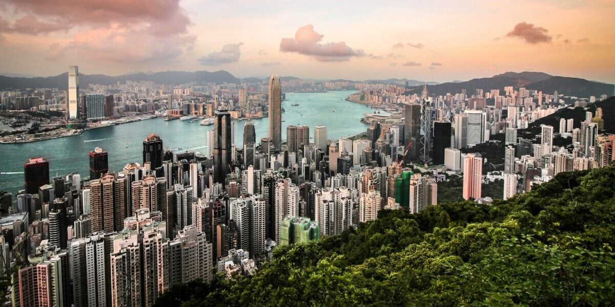 Hong Kong skyline under a sunset
