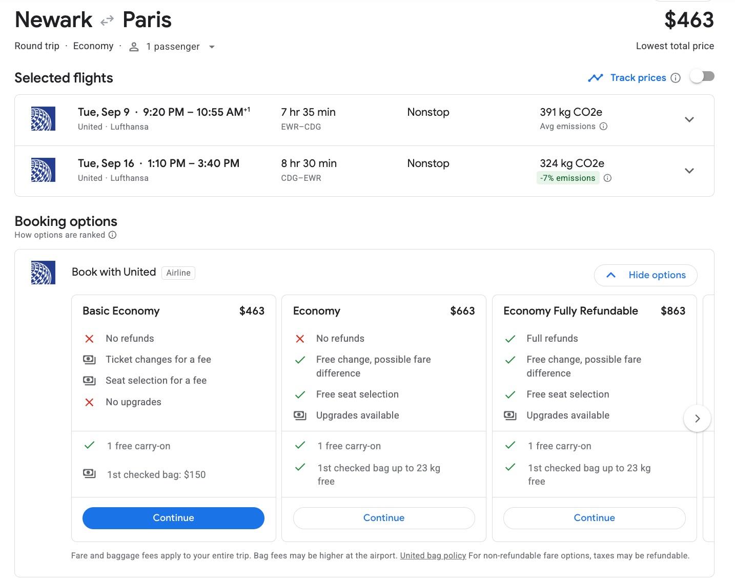united flight from newark to paris for $463