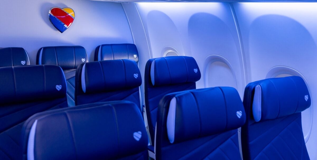 southwest plane with blue leather seats