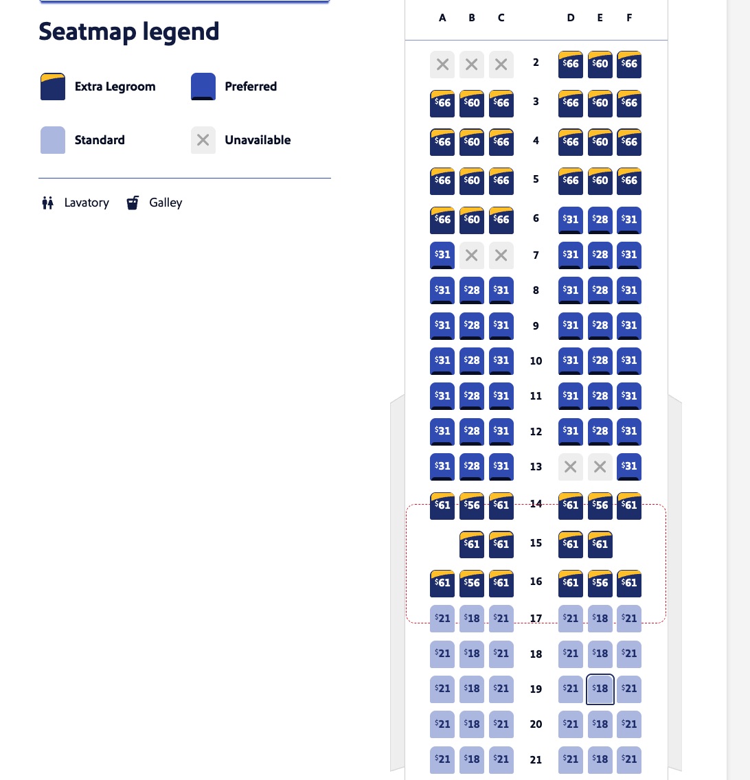 a southwest seatmap with prices at every seat
