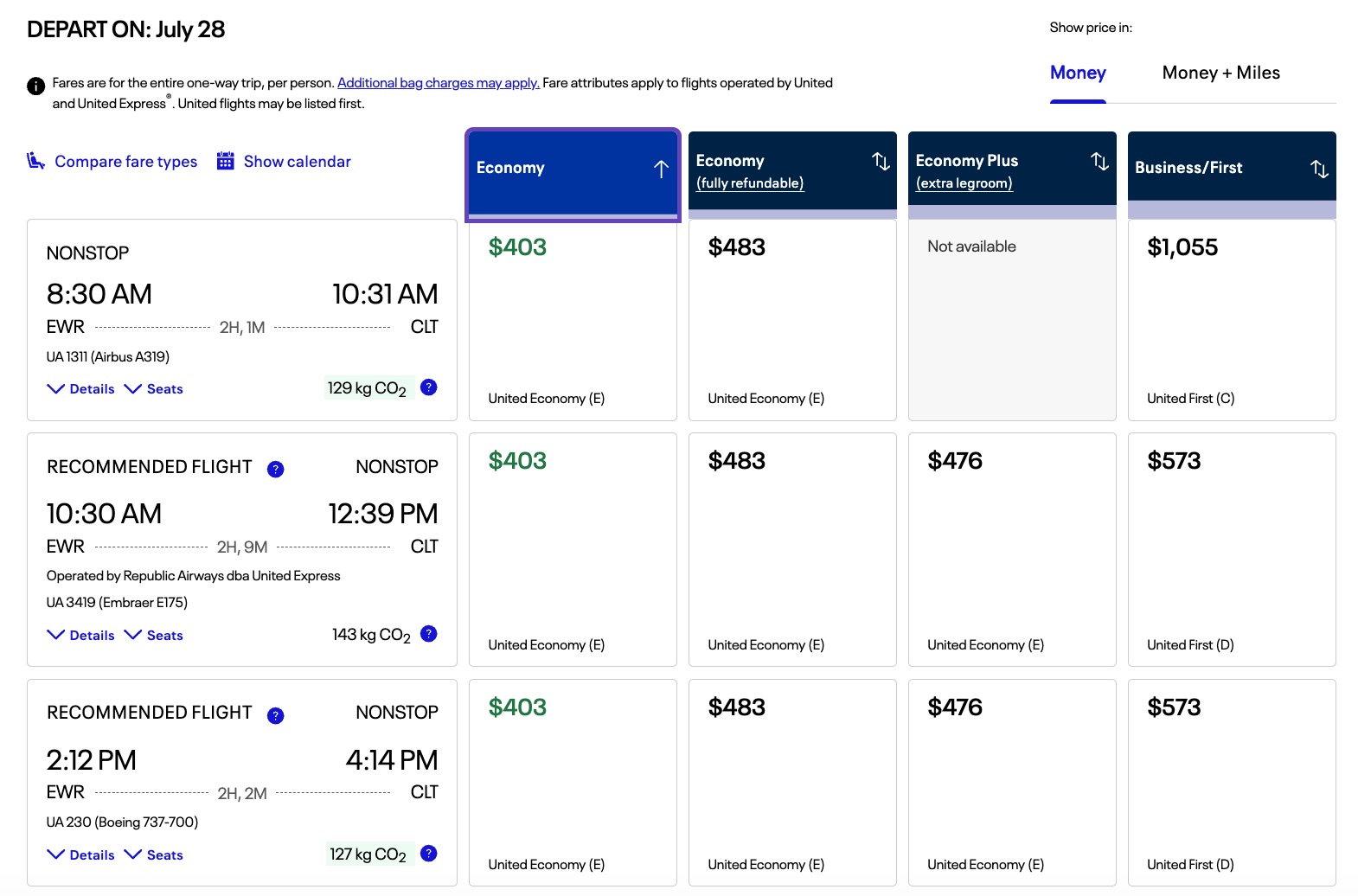united newark charlotte fare for one for $403