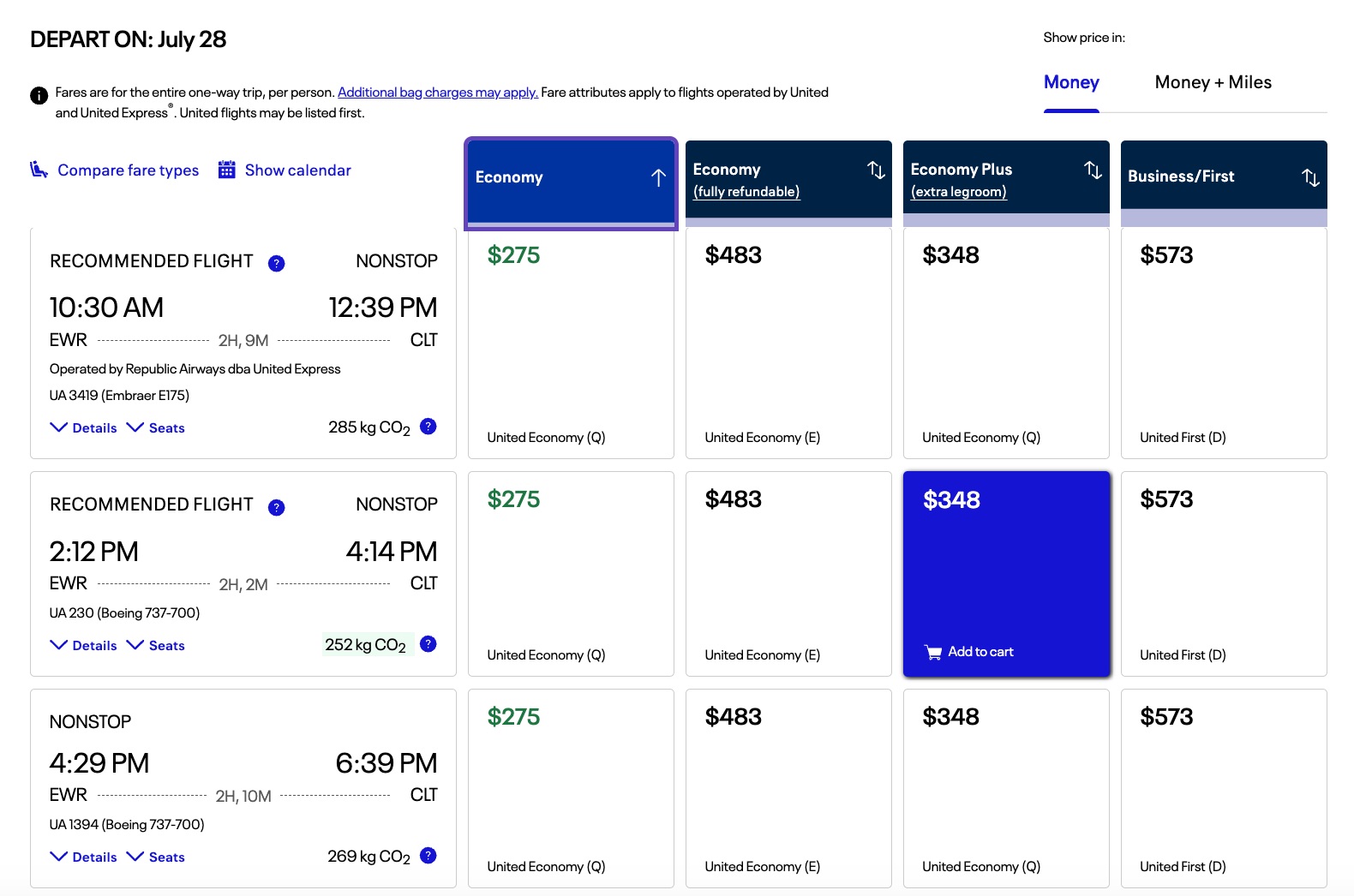 united flight from newark to charlotte for two passengers at $275 each