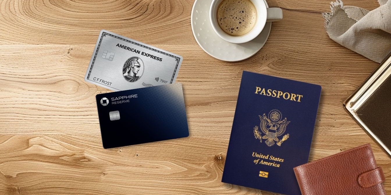 Amex Platinum and Chase Sapphire Reserve with passport and coffee on a wooden table. 