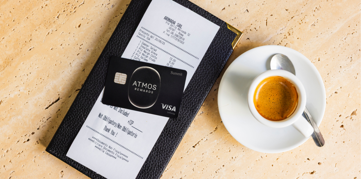 Atmos Rewards Summit Visa on top of a bill with a shot of espresso