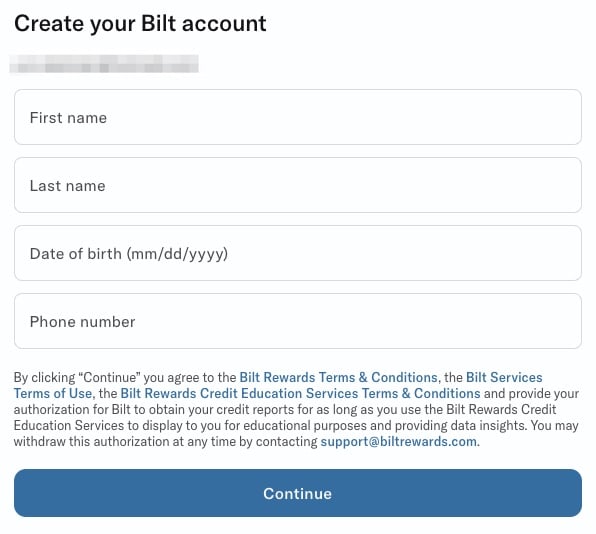 Bilt Account Creation: Name, DOB, and Phone Number