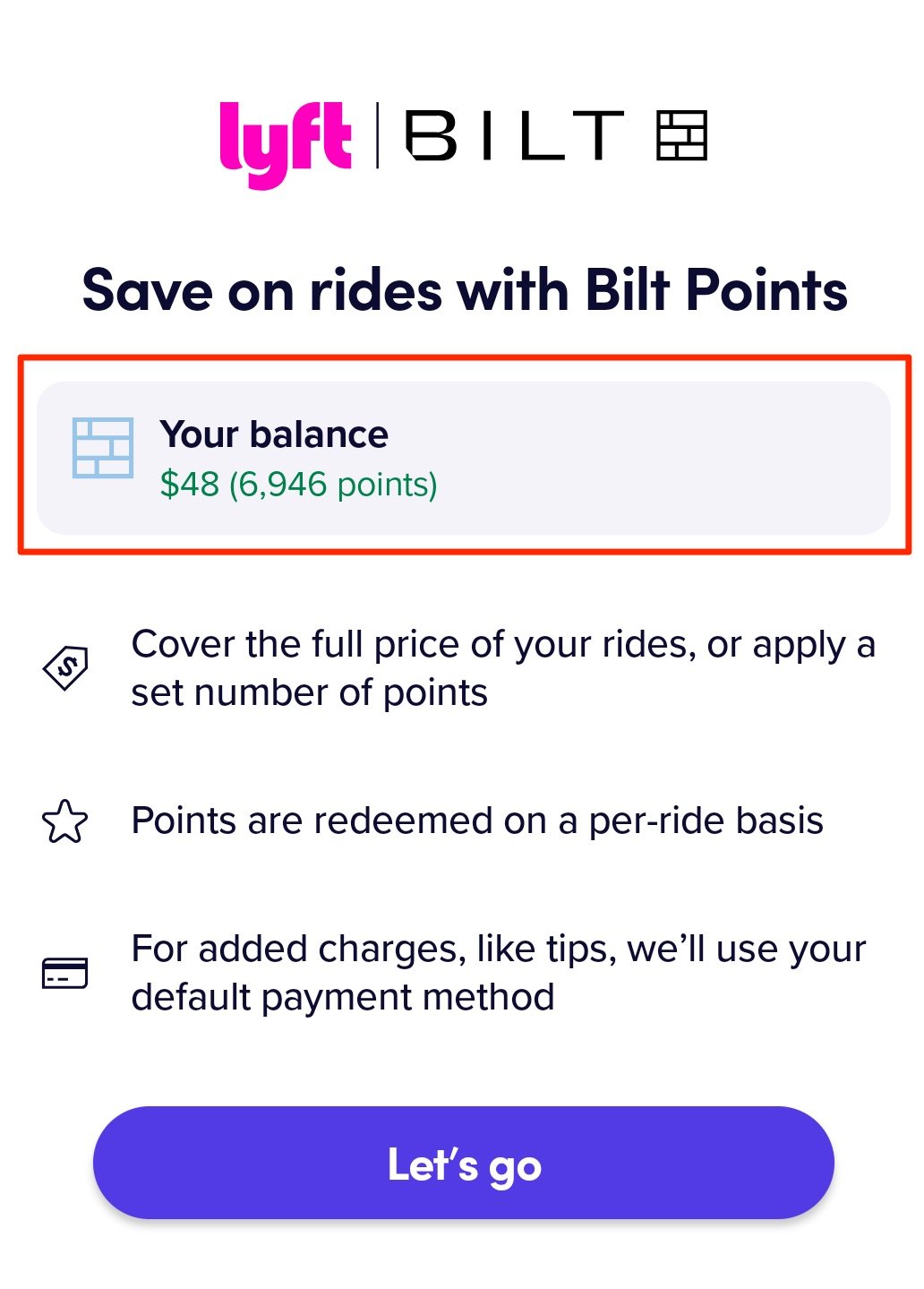 Bilt Point Redemption for a Lyft ride. 6,946 points = $48