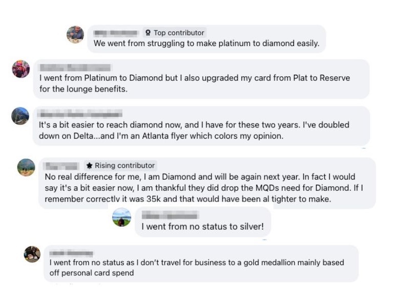 Facebook comments saying Delta Status has been easier to hit with new requirements. 