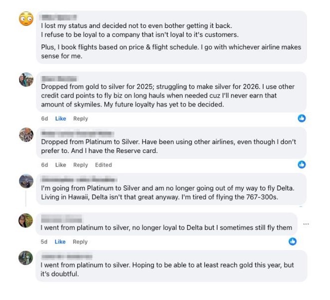 Facebook comments saying Delta Status has been harder to hit with new requirements and some are giving up altogether. 