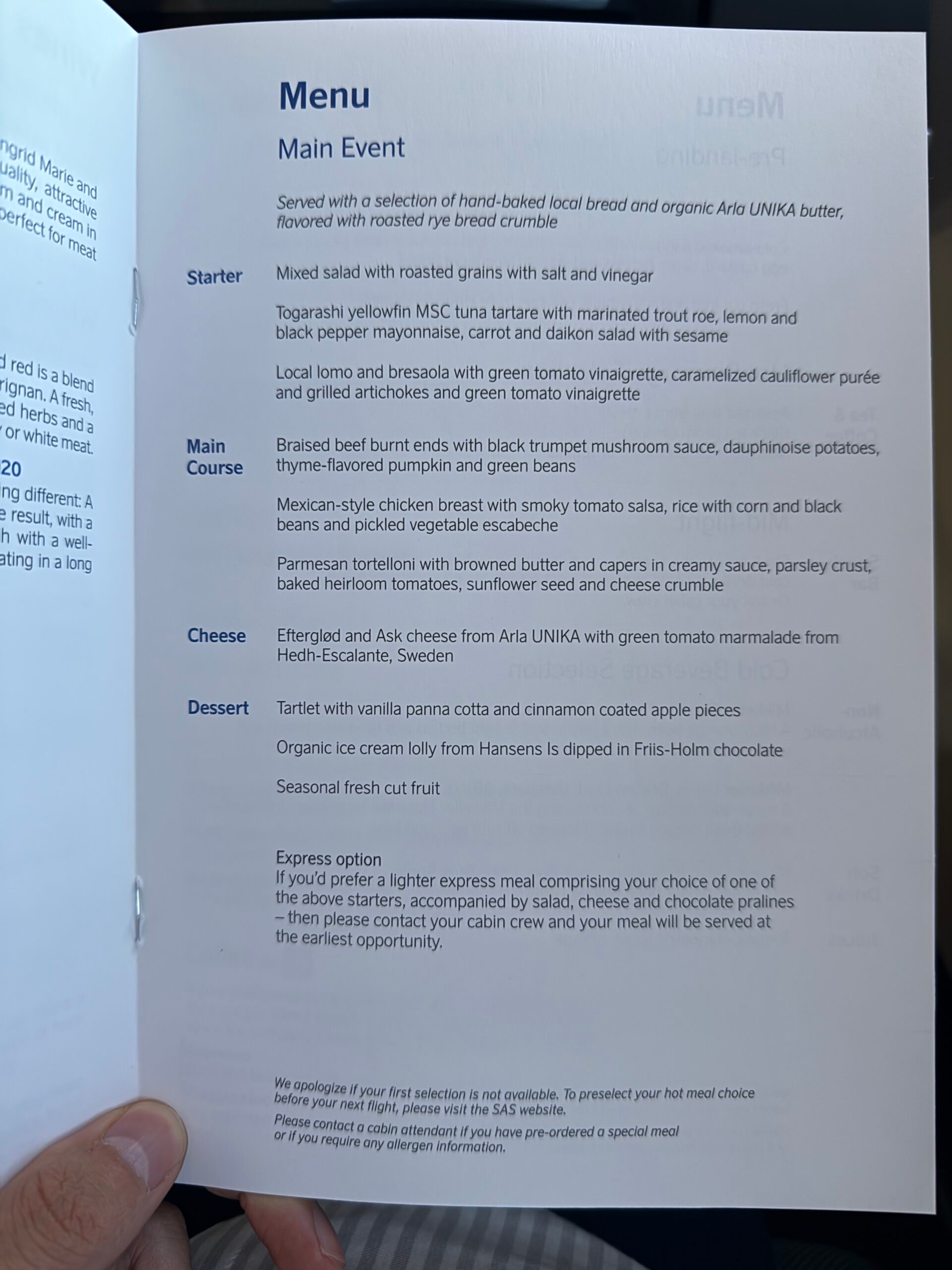 business class menu with several different options