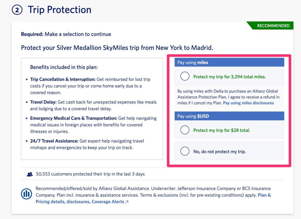 JFK to MAD SkyMiles insurance upsell