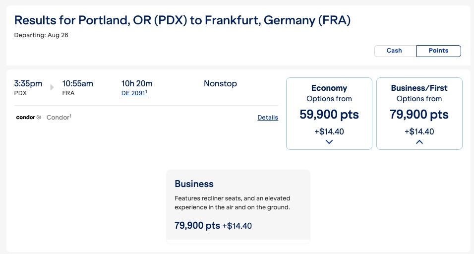 JetBlue Award flying Condor PDX-FRA for 79,900 points in business class. 
