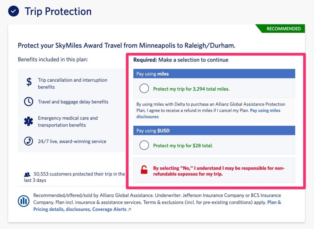 MSP to RDU trip insurance with SkyMiles