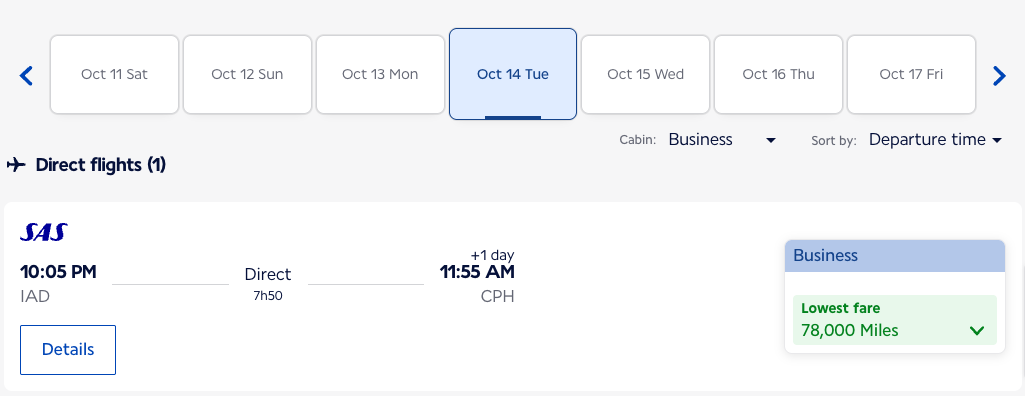 sas booking screenshot iad to copenhagen 78,000 miles