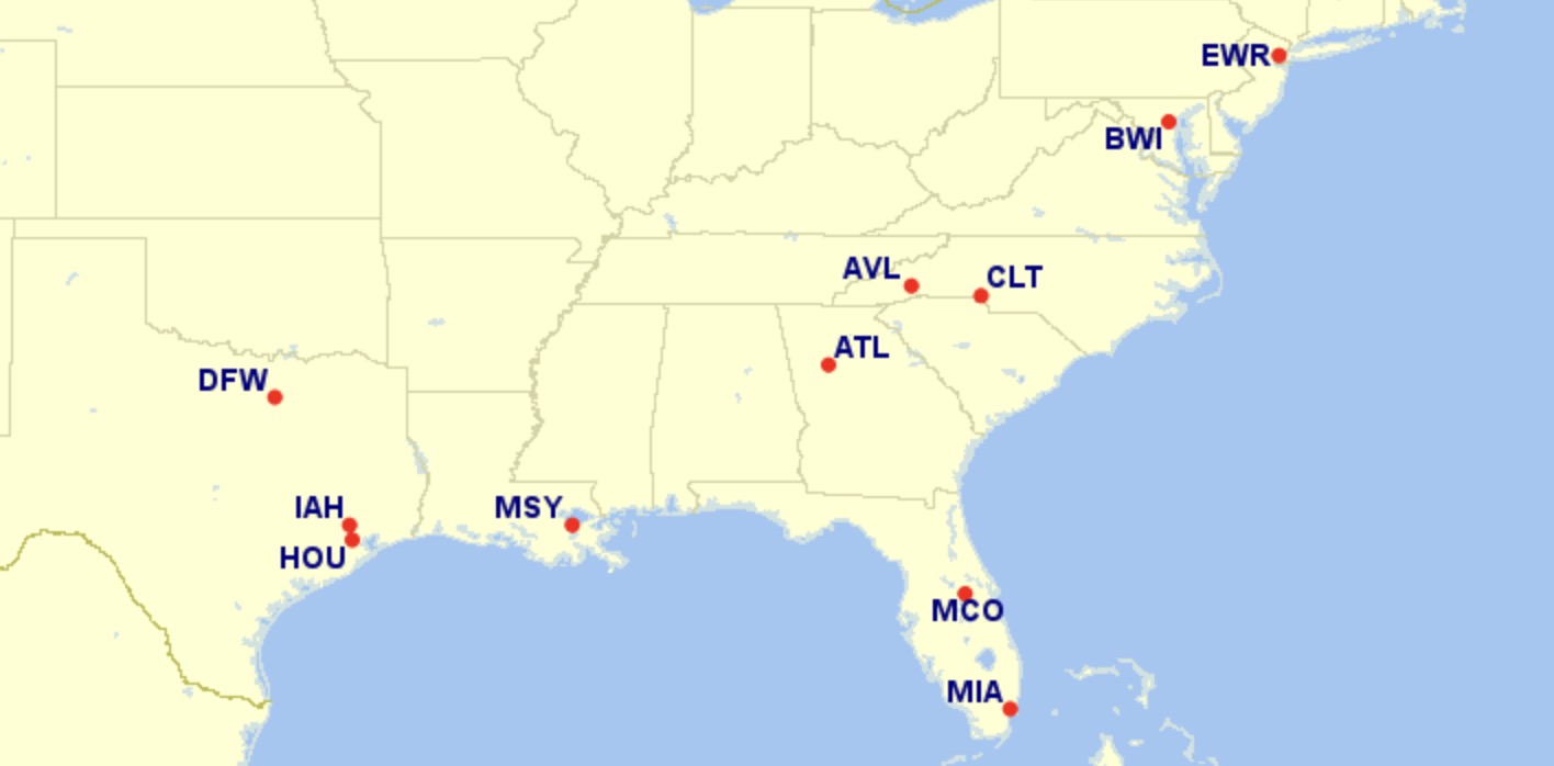 Map of the top 10 worst performing airports in the U.S. 