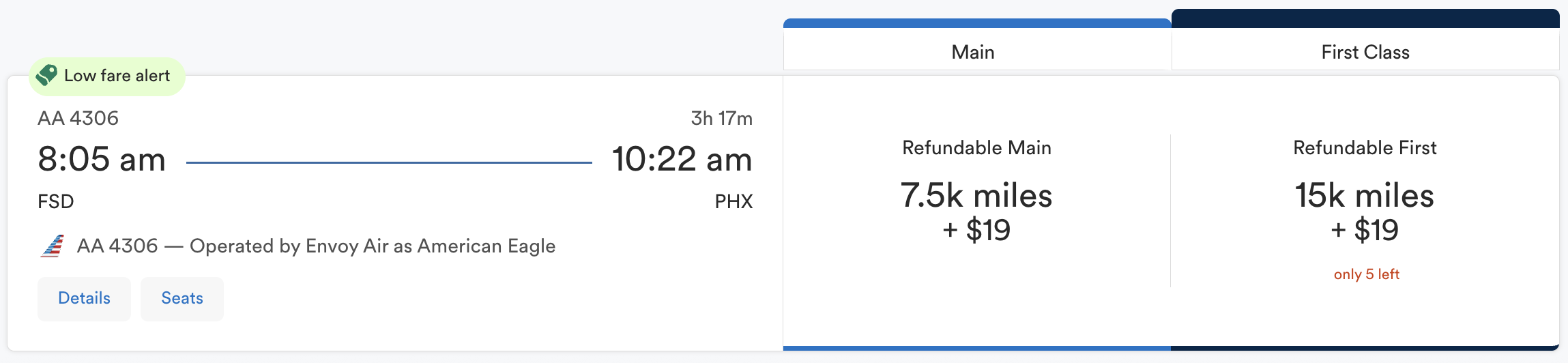 Alaska Award flying American Airlines from FSD-PHX for 7,500 miles in economy or 15,000 in first class. 
