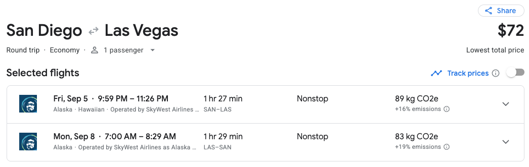 Alaska Airlines booking from SAN-LAS.