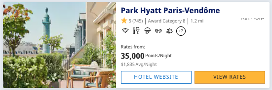 Park Hyatt Paris Vendome award booking for 35,000 points per night.