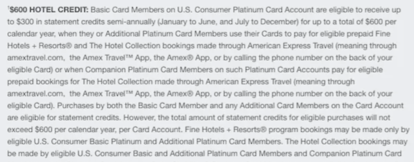 Amex Platinum $600 FHR credit terms and conditions. 