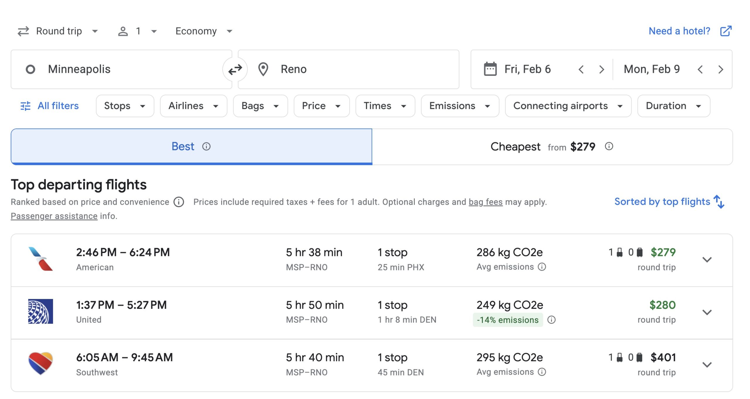 Reno, Nevada airfare from Minneapolis