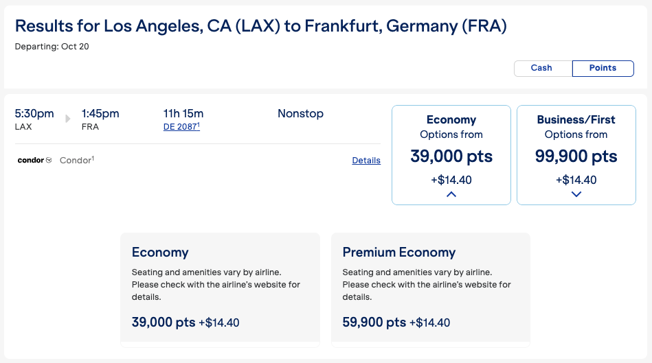 JetBlue award ticket flying Condor from LAX-FRA for 39,000 in economy, 59,900 in premium economy, and 99,900 in business class. 