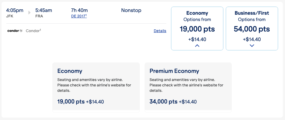 JetBlue award booking flying Condor from JFK-FRA for 19,000 points in economy, 34,000 points in premium economy, and 54,000 in business class. 