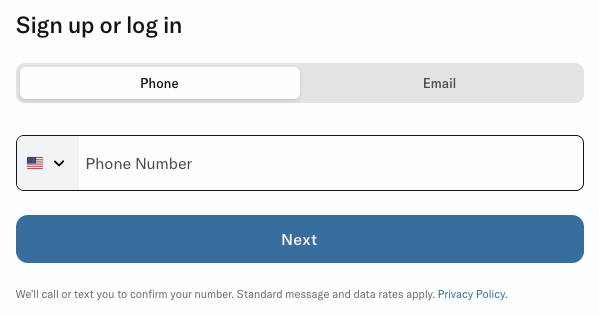 Bilt account sign up entering phone number.