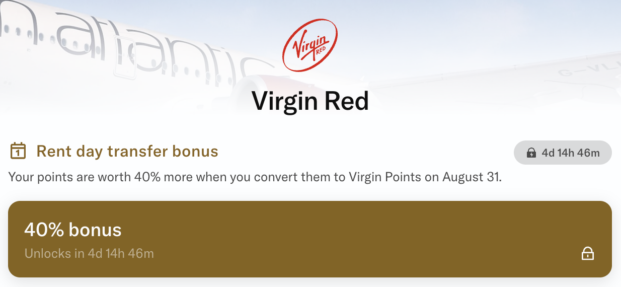 Screenshot of a 40% transfer bonus from Bilt to Virgin Red for Rent Day