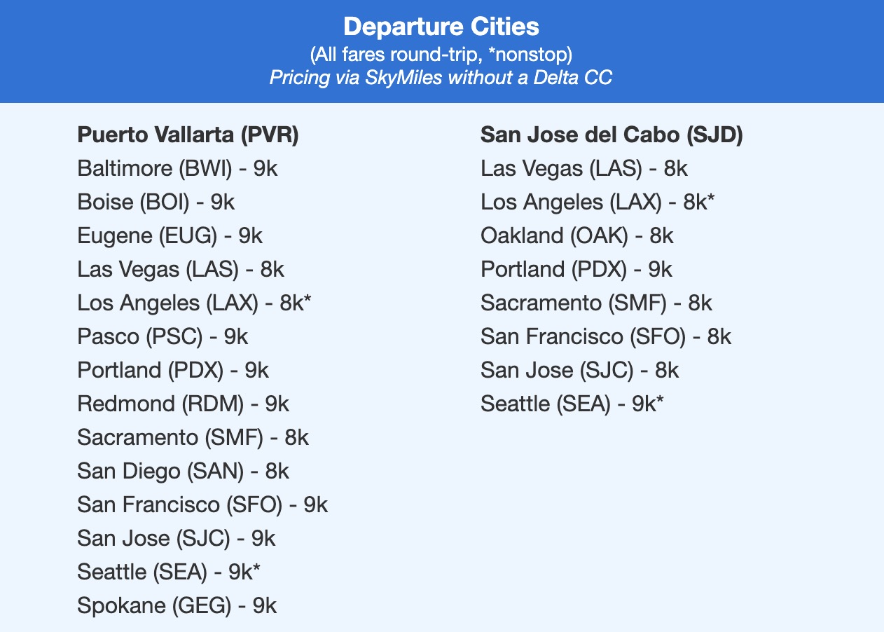 PVR and SJD SKyMiles fares in the single digits roundtrip
