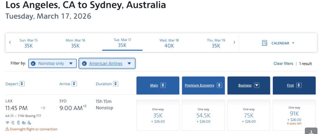 LAX to Sydney, Australia first class