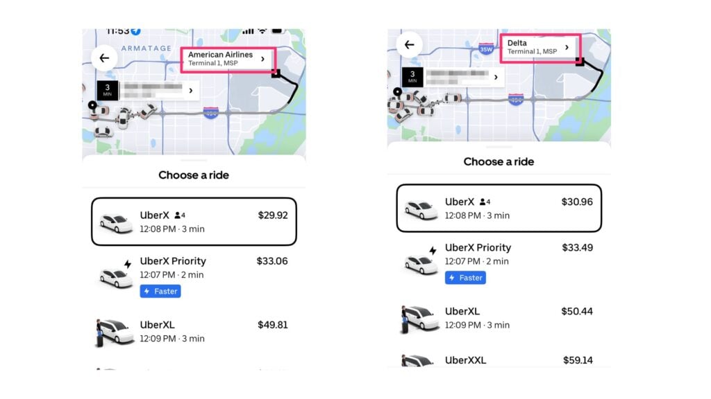 uber pricing to MSP airport showing the difference when selecting different airlines.