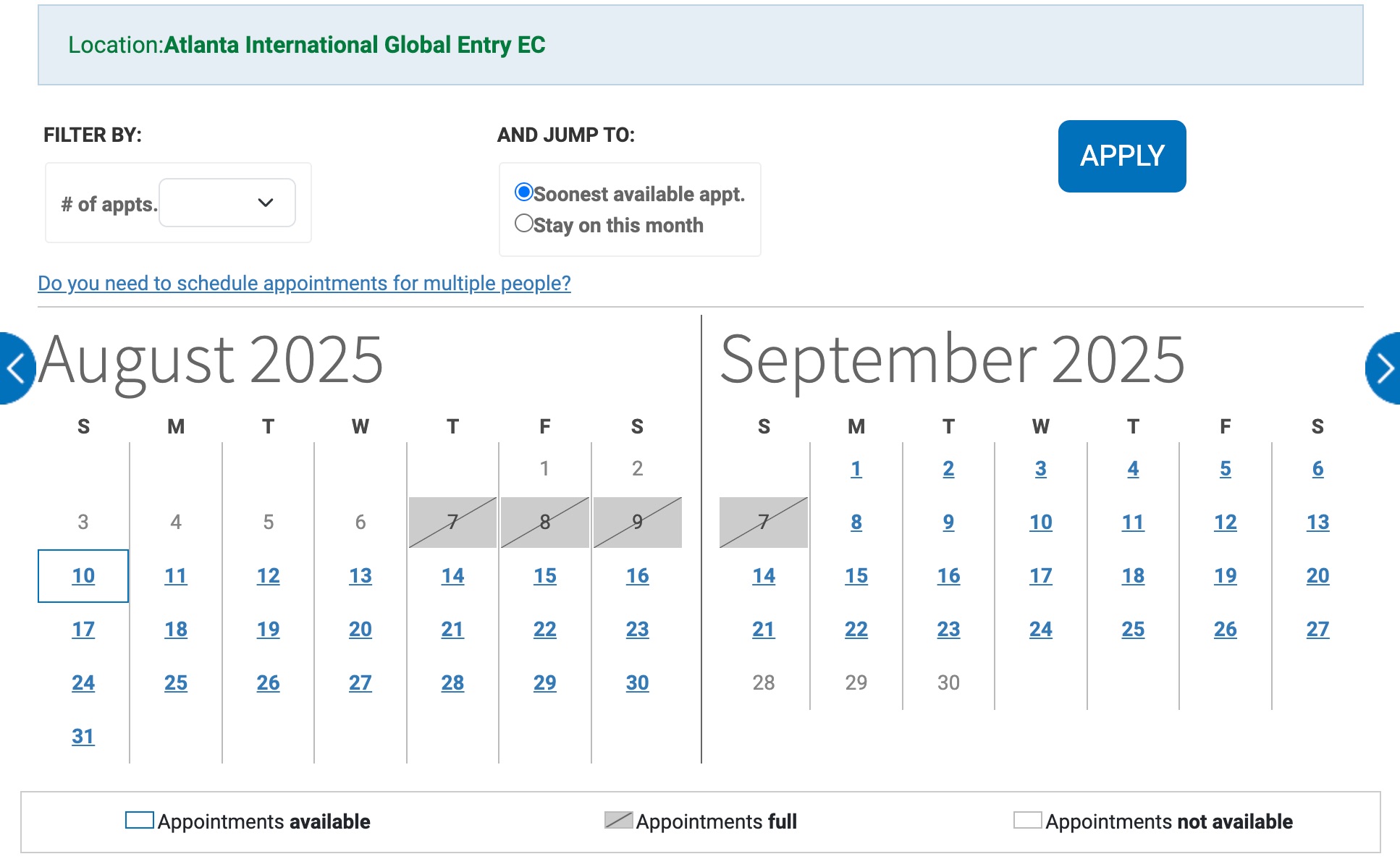 atlanta global entry availability in august and september
