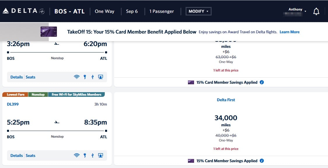 boston to atlanta delta first class fares