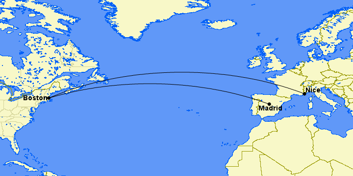 map of boston routes to madrid and nice