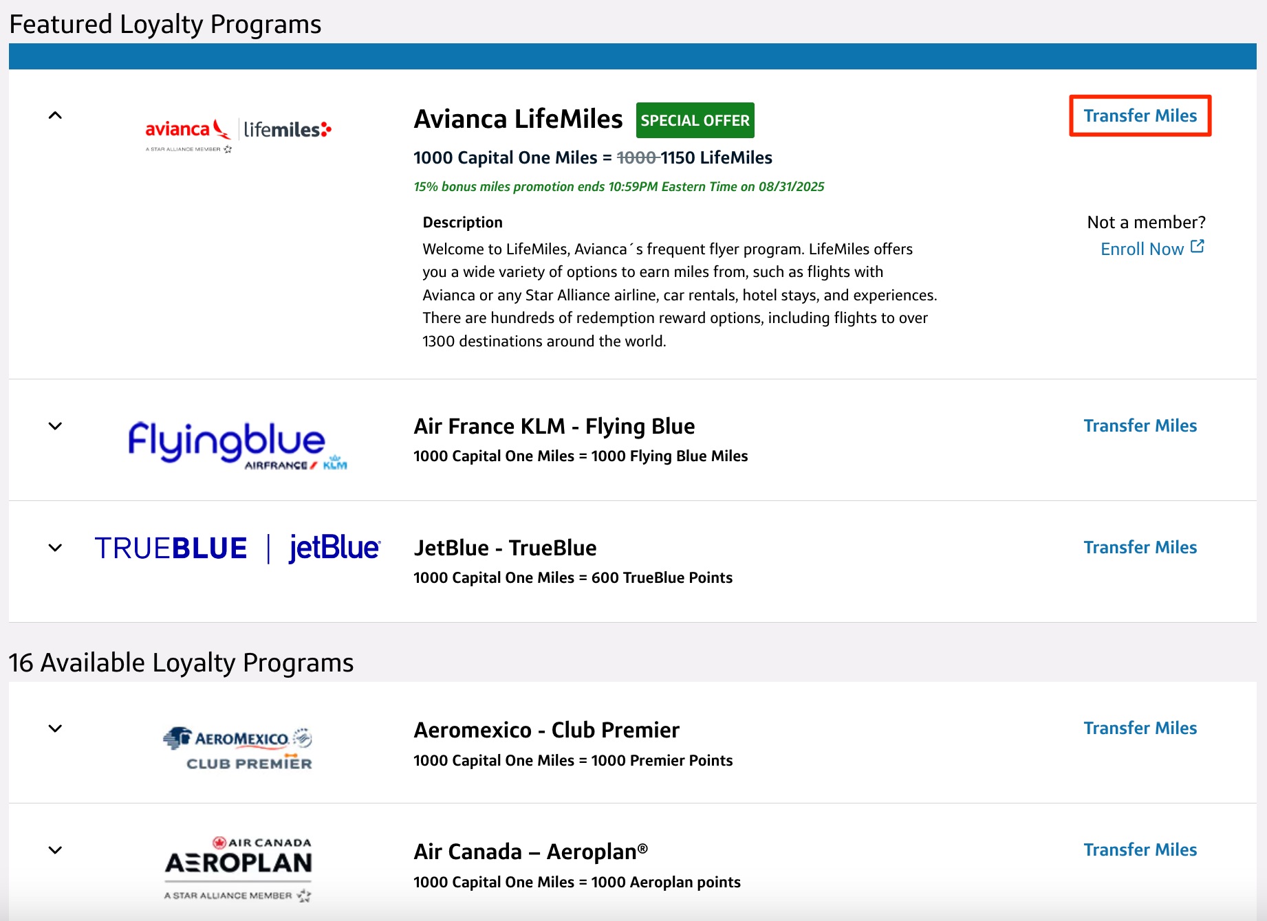 capital one transfer partners with transfer miles selected